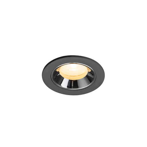 Recessed ceiling light fixture in black metal with a chrome finish and warm white LED bulb, designed for flush mounting.
