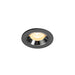 Recessed ceiling light fixture in black metal with a chrome finish and warm white bulb, designed for flush mounting.