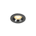 Recessed ceiling light fixture in black metal with a chrome finish and warm white LED bulb, designed for flush mounting.