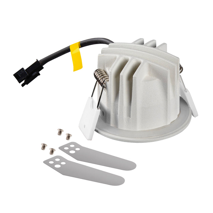 White plastic LED light fixture with metal mounting clips, includes a black wire connector and two silver mounting brackets.