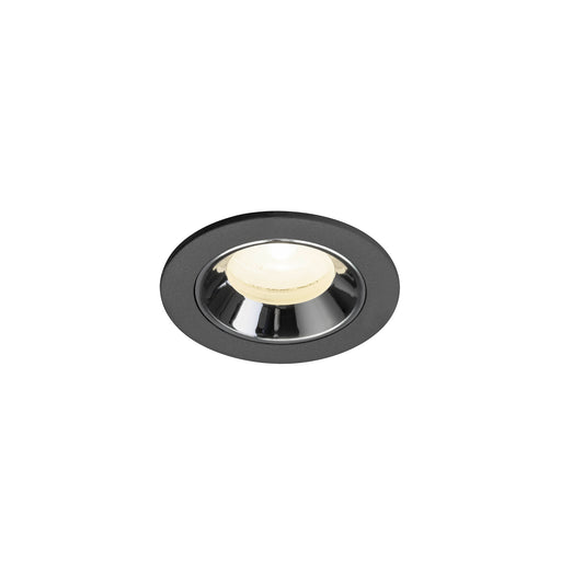 Recessed ceiling light fixture in black metal with a chrome finish and warm white LED bulb, designed for flush mounting.