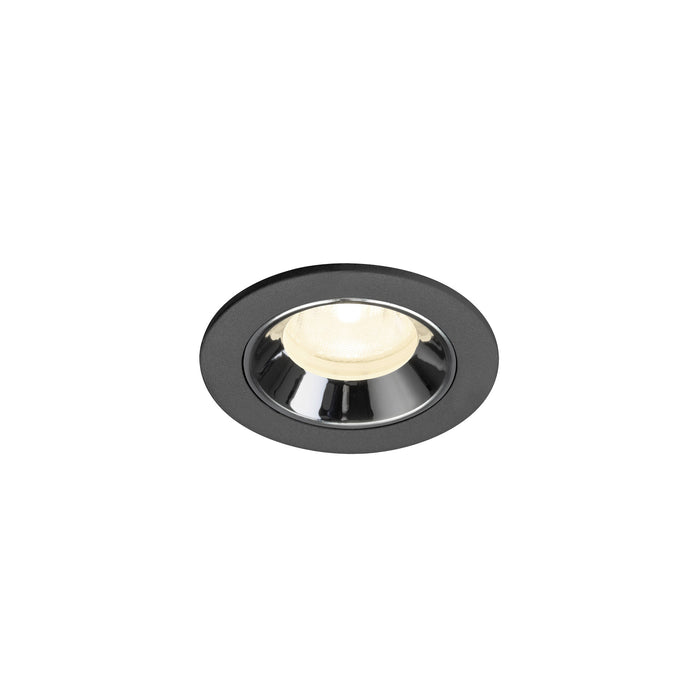 Recessed ceiling light fixture in black metal with a chrome finish, featuring a warm white LED bulb for modern illumination.