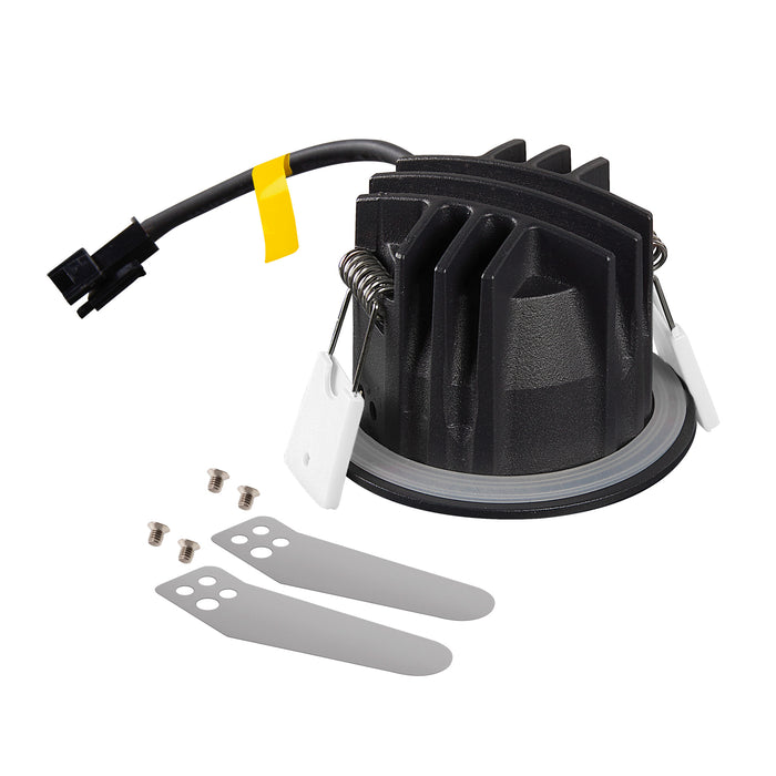 Black plastic automotive component with a spring, connector wire, and mounting brackets, featuring a textured finish and accompanied by screws.