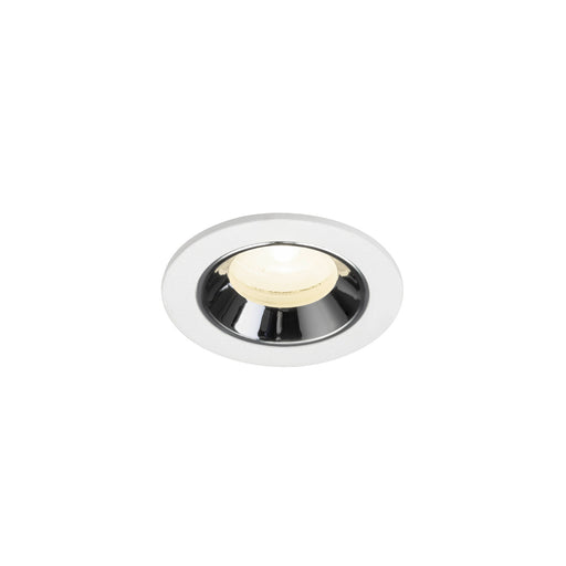 Recessed ceiling light fixture with a white metal finish and chrome reflector, designed for flush mounting.