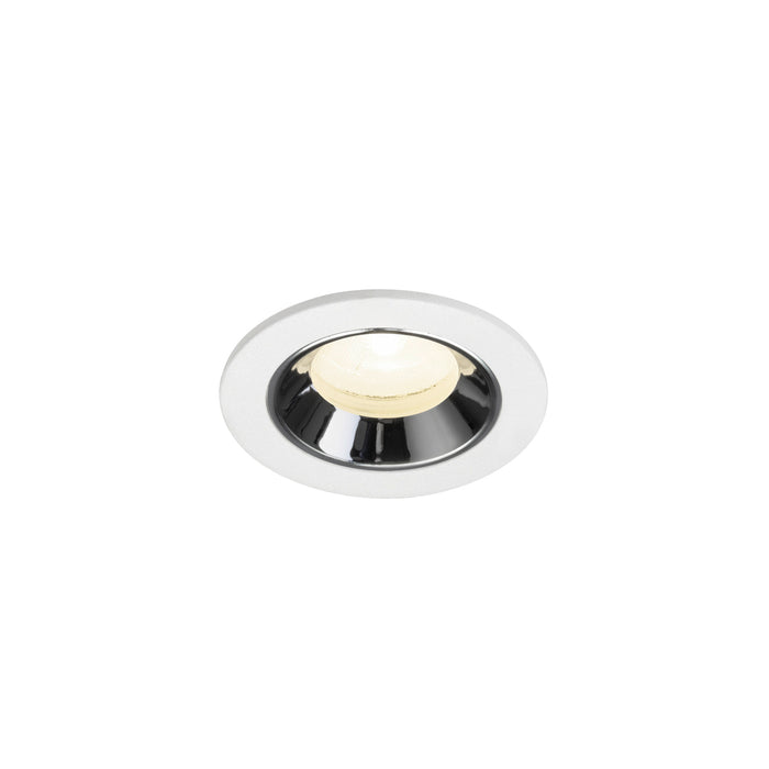Recessed ceiling light fixture with a white metal finish and chrome reflector, designed for flush mounting.