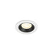 Recessed ceiling light fixture with a white and black finish, made of metal, featuring a round design and warm white LED illumination.