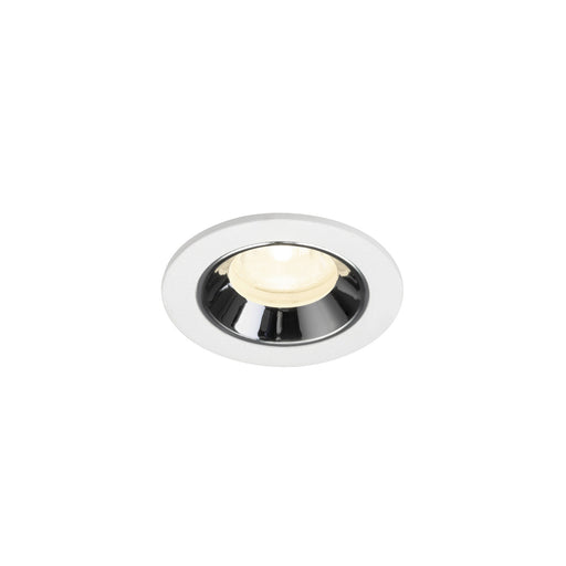 Recessed ceiling light fixture made of metal with a chrome finish and white trim, featuring a round design for easy mounting.