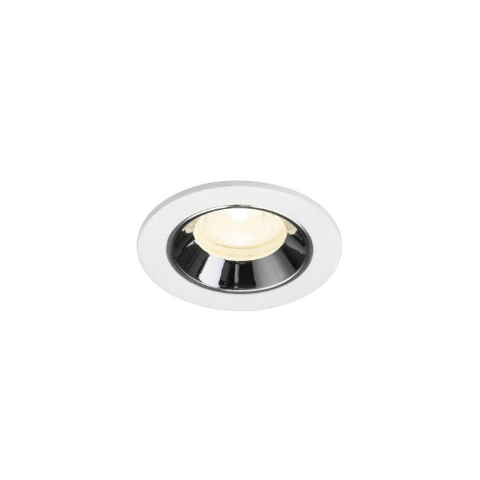 Recessed ceiling light fixture made of metal with a chrome finish and white trim, featuring a round design for easy mounting.