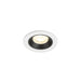 Recessed ceiling light fixture with a white metal finish and black interior, featuring a round design and warm white LED bulb.
