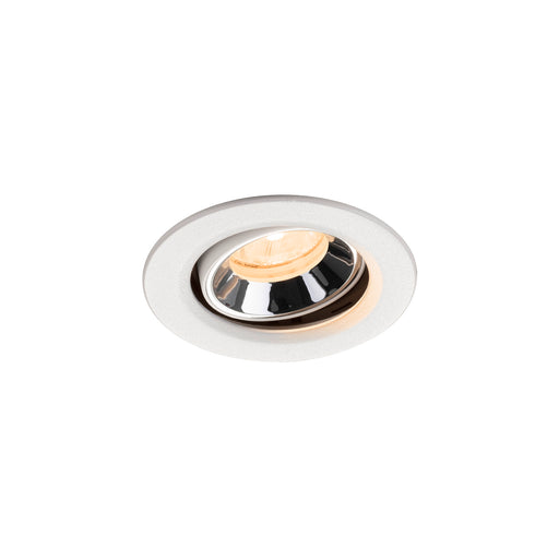 Recessed ceiling light fixture in white finish with chrome accents, featuring a round design and suitable for various mounting applications.