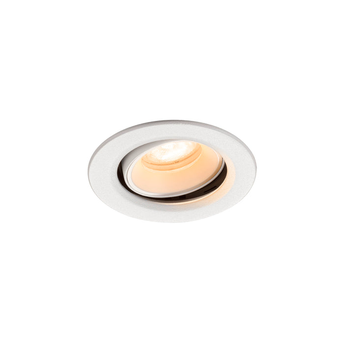 White recessed ceiling light fixture with adjustable bulb.