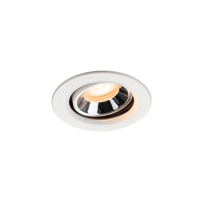 Recessed ceiling light fixture with a white finish, chrome accents, and a warm white LED bulb.