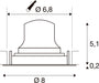 Technical drawing with dimensions of a white recessed light fixture.