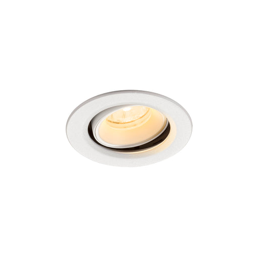Recessed ceiling light fixture, white finish, adjustable spotlight.