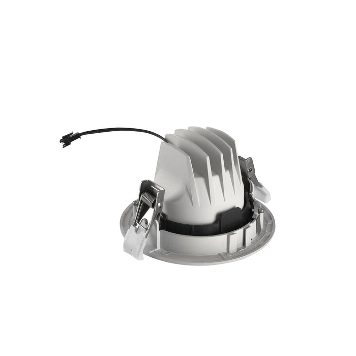 LED recessed light fixture in white aluminum with a matte finish, featuring adjustable mounting clips and a sleek design for modern interiors.