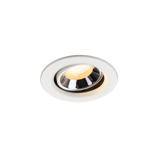 Recessed ceiling light fixture with a white finish, chrome reflector, and warm LED bulb, designed for flush mounting.