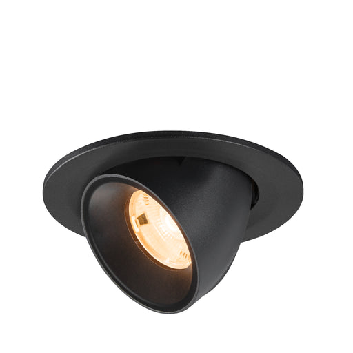 Black recessed ceiling light fixture, adjustable spotlight, matte finish.