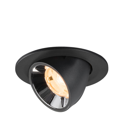 Black recessed spotlight with a matte finish, featuring a reflective interior and designed for ceiling mounting.