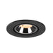 Recessed ceiling light fixture in black metal with a chrome finish and warm white bulb, designed for flush mounting.