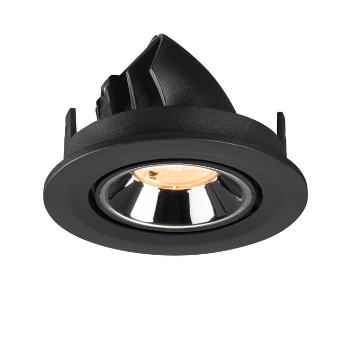 Black recessed spotlight with a chrome reflector, designed for ceiling mounting, featuring a sleek finish and modern aesthetic.