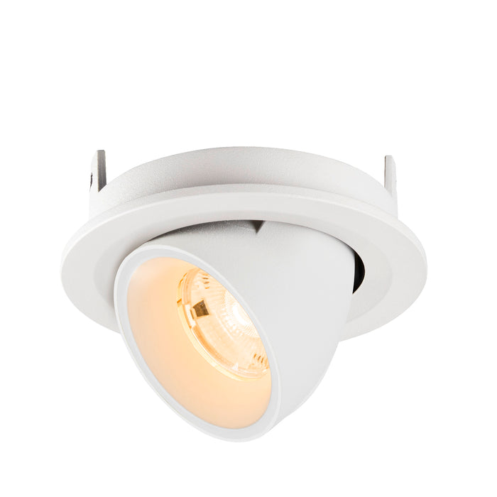 White recessed ceiling light fixture, adjustable spotlight, textured finish.