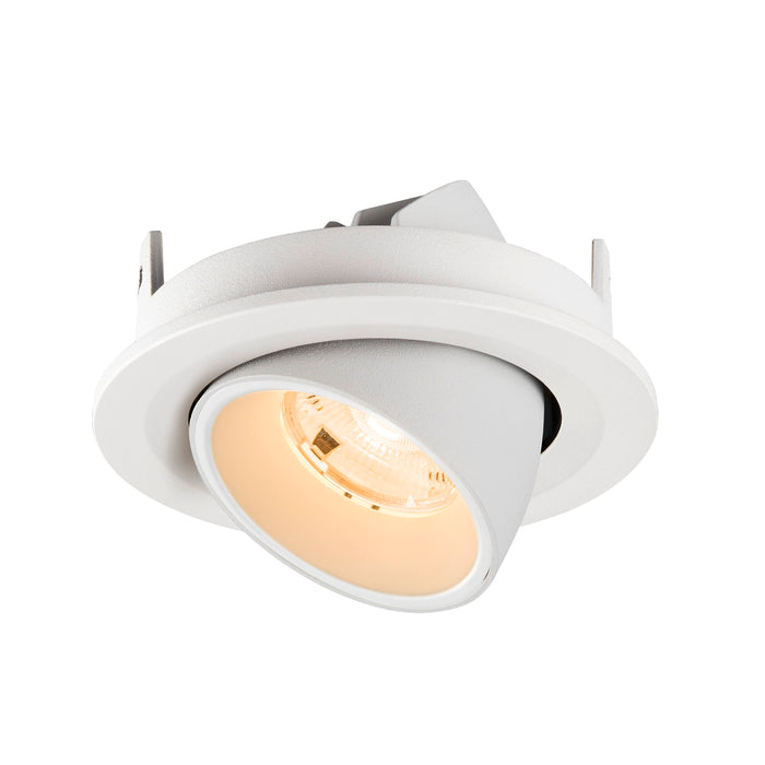 White recessed ceiling light fixture, adjustable spotlight.