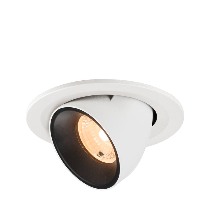 Recessed spotlight made of metal with a matte white finish and a black interior, designed for ceiling mounting.