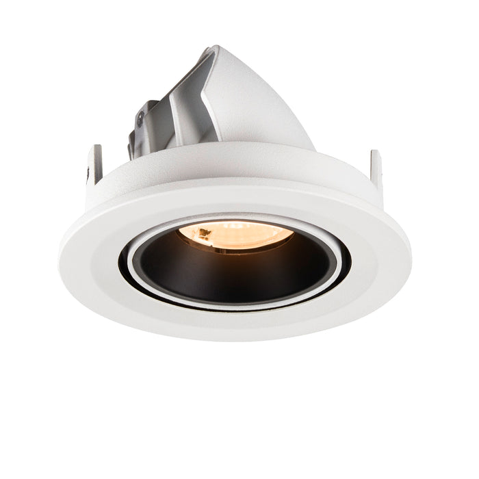Recessed ceiling light fixture in white metal with a matte finish and black interior, designed for easy mounting.