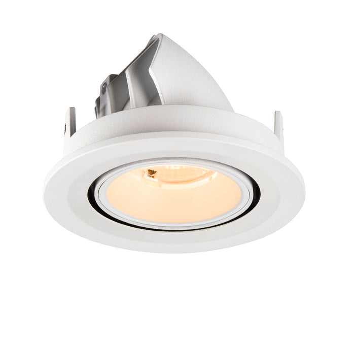 White recessed ceiling light fixture, adjustable gimbal, matte finish.