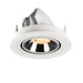 Recessed ceiling light fixture in white metal with a chrome finish, featuring an adjustable mount and a warm light bulb.