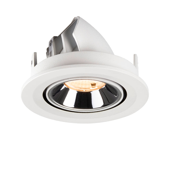 Recessed ceiling light fixture made of metal with a white finish and chrome reflector, designed for easy mounting.