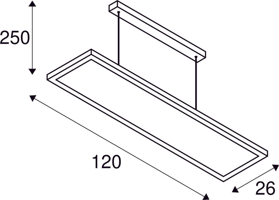 Linear pendant light fixture made of metal with a matte finish, measuring 120 cm in length, 26 cm in width, and 250 cm in height, designed for hanging installation.