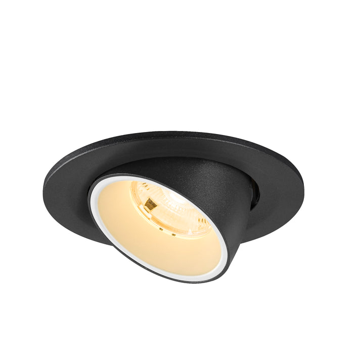 Black recessed ceiling light fixture, adjustable angle.