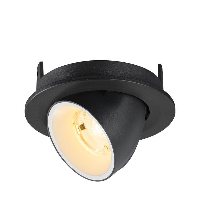 Black recessed ceiling light fixture, adjustable spotlight.