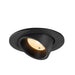 Black recessed ceiling light fixture, adjustable angle, matte finish.