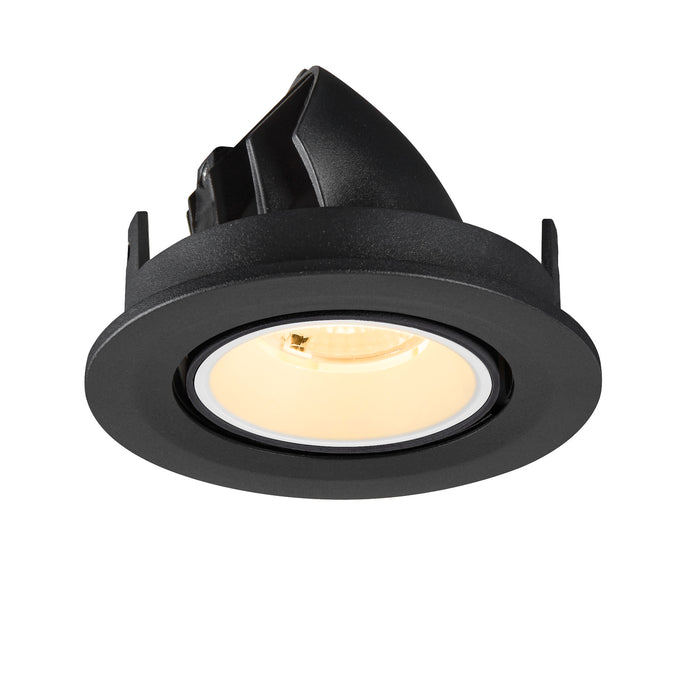 Recessed ceiling light fixture, black finish, adjustable spotlight.