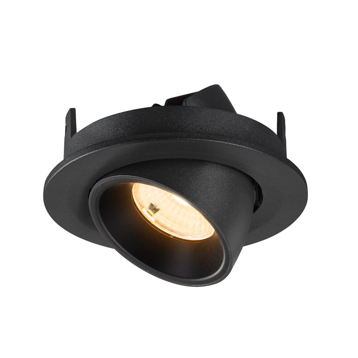 Recessed ceiling light fixture, black finish, adjustable spotlight.