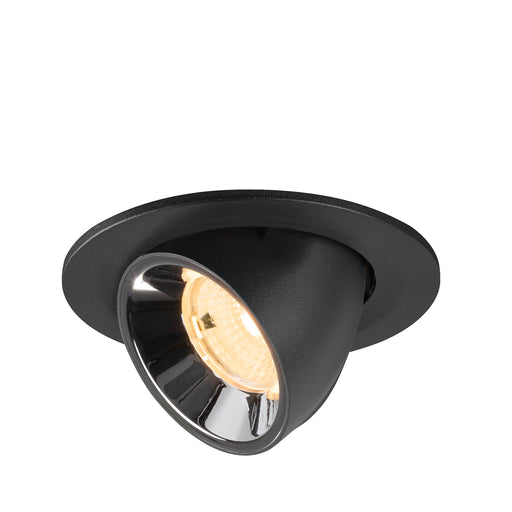 Black recessed spotlight with a matte finish and reflective interior, designed for ceiling mounting.
