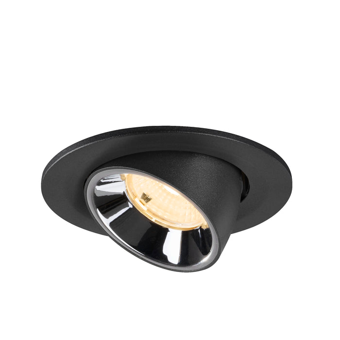 Black recessed spotlight with a chrome finish, featuring a round design and warm white light source, suitable for ceiling mounting.