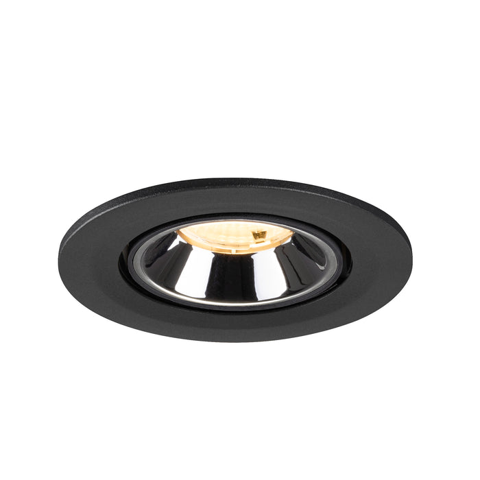 Recessed ceiling light fixture with a black metal finish and chrome reflector, designed for flush mounting.