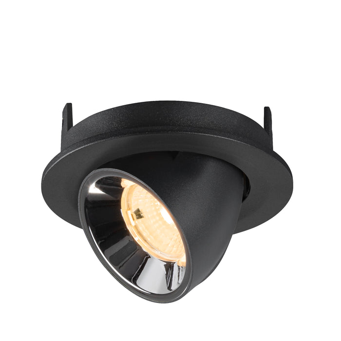 Black recessed spotlight with a metallic finish, featuring a reflective interior and designed for ceiling mounting.