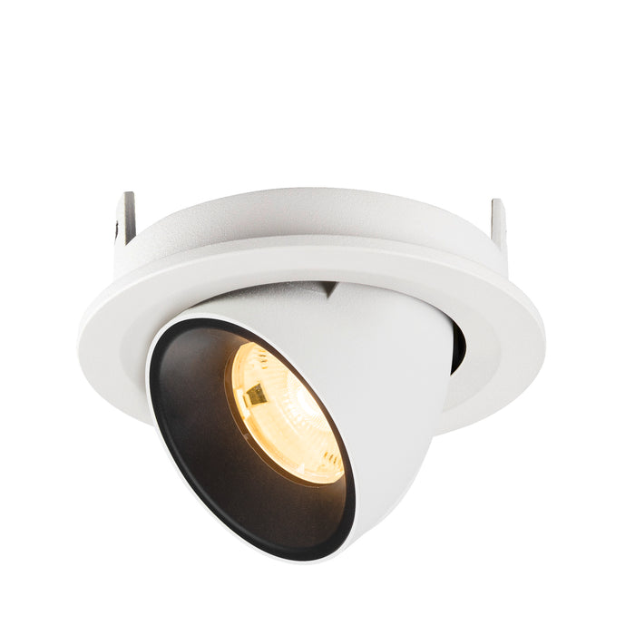 Recessed spotlight made of metal with a matte white finish and black interior, designed for ceiling mounting.