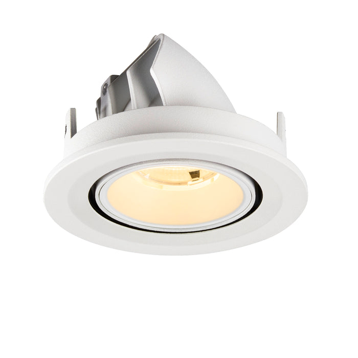 White recessed ceiling light fixture, adjustable angle, with textured finish.
