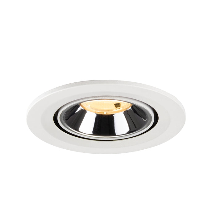 Recessed ceiling light fixture with a white metal finish and chrome reflector, designed for easy mounting in various indoor spaces.