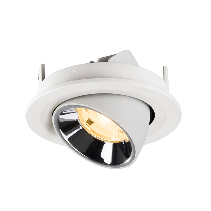 Recessed ceiling light fixture made of metal with a matte white finish and chrome reflector, designed for easy mounting.
