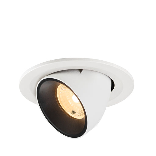 Recessed spotlight made of metal with a matte white finish and black interior, designed for ceiling mounting.