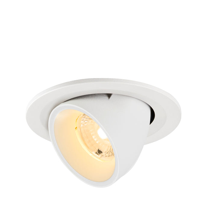 White recessed ceiling light fixture with adjustable head.