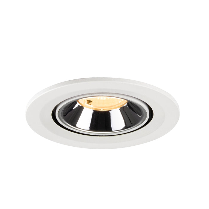Recessed ceiling light fixture with a white metal finish, chrome reflector, and warm LED bulb, designed for easy mounting in various ceilings.