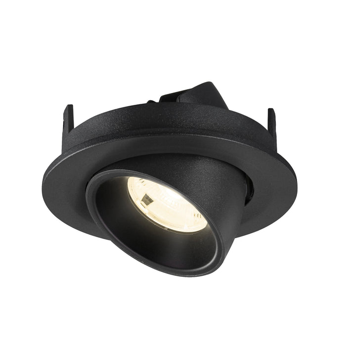 Black recessed ceiling light fixture, adjustable spotlight.