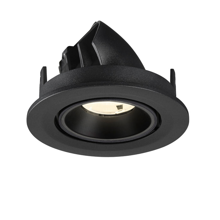 Black recessed ceiling light fixture, adjustable angle.